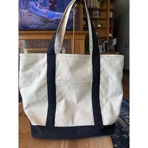 XL No Brand Zip Top Canvas Beige and Navy Blue Tote Bag